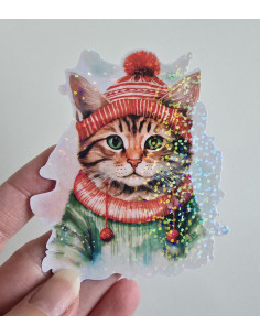 Stickers holographique Mr Cat noël