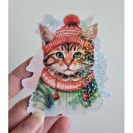 Stickers holographique Mr Cat noël
