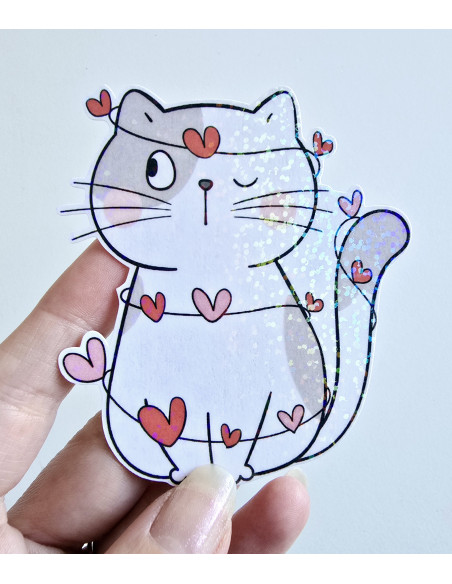 Stickers holographique Chat valentin