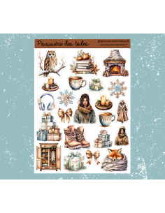 Réf 49 Feuille d’autocollants, Stickers pour Bullet Journal hiver rétro