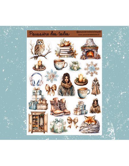 Réf 49 Feuille d’autocollants, Stickers pour Bullet Journal hiver rétro