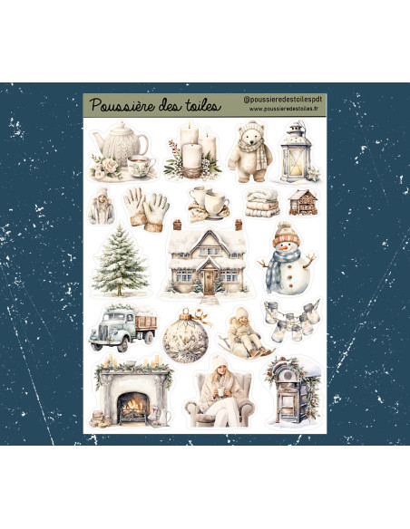Réf 51 Feuille d’autocollants, Stickers pour Bullet Journal hiver blanc