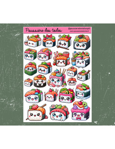 Réf 88 Feuille d’autocollants, Stickers pour Bullet Journal sushis