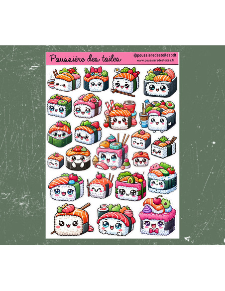 Réf 88 Feuille d’autocollants, Stickers pour Bullet Journal sushis