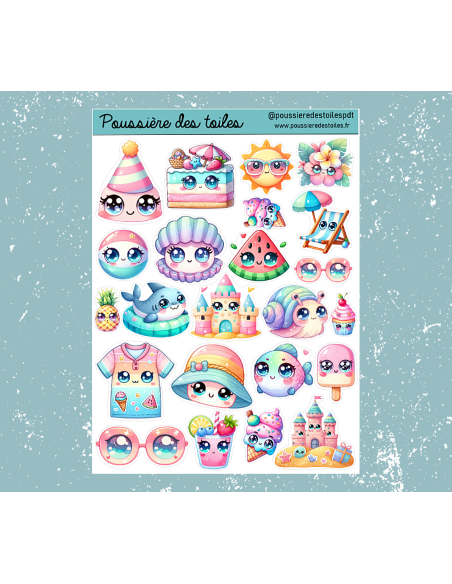 Réf 92 Feuille d’autocollants, Stickers pour Bullet Journal kawaïï plage