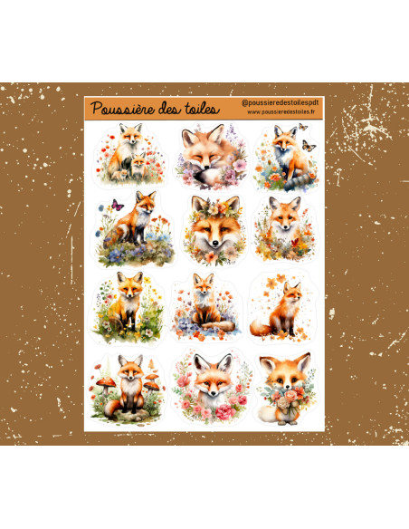 Réf 96 Feuille d’autocollants, Stickers pour Bullet Journal Renards