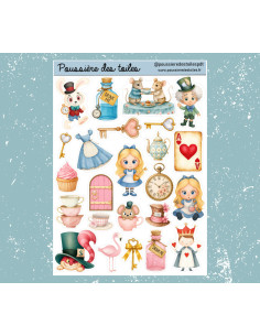 Réf 97 Feuille d’autocollants, Stickers pour Bullet Journal Alice
