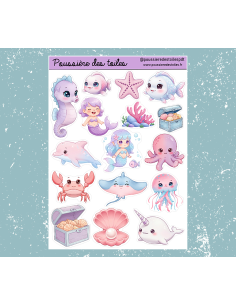 Réf 98 Feuille d’autocollants, Stickers pour Bullet Journal Sirène