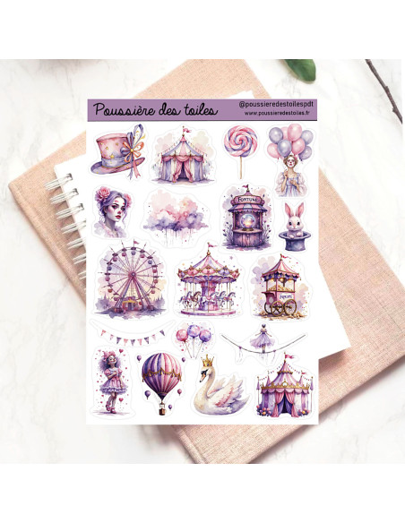 Réf 166 Feuille d’autocollants, Stickers pour Bullet Journal cirque