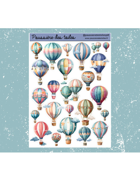 Réf 113 Feuille d’autocollants, Stickers pour Bullet Journal montgolfières
