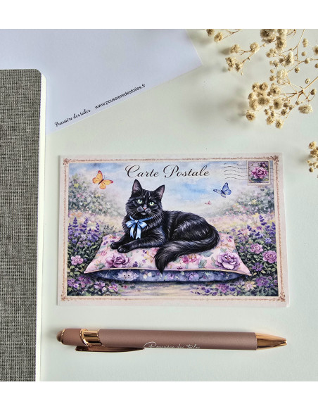 Réf 017 Carte postale Chat noir postcrossing scrapbooking correspondance écriture