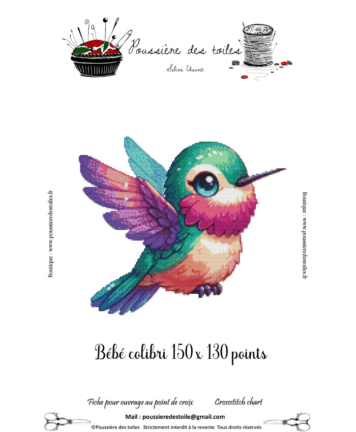 Grille point de croix : Colibri kawaïï Papier