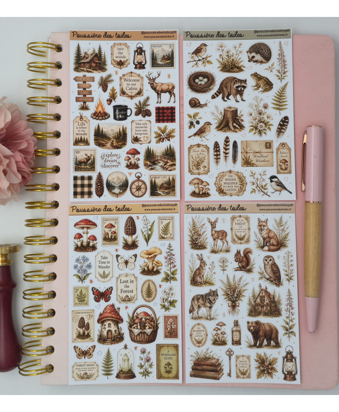 Lot de 4 planches d’autocollants, Stickers pour Bullet Journal forêt