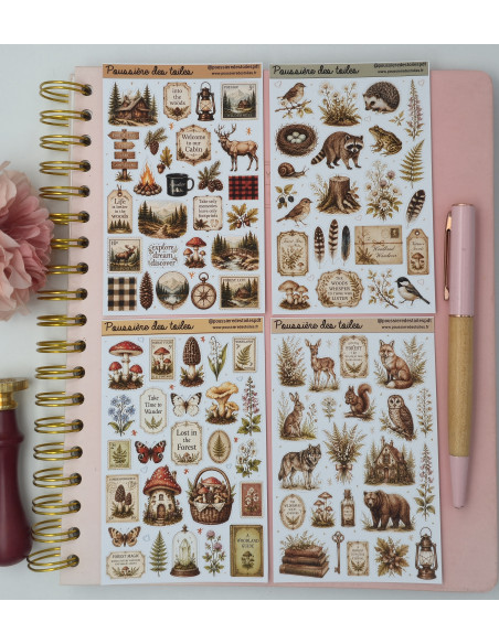 Lot de 4 planches d’autocollants, Stickers pour Bullet Journal forêt